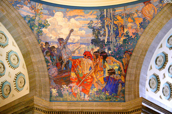 Historic Landing dome mural by Frank Brangwyn at Missouri State Capitol. Jefferson City, MO.