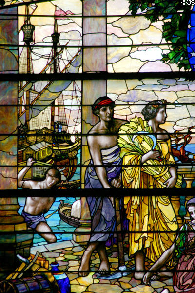 Shipping, mining & agriculture figures on Missouri history stained glass window at Missouri State Capitol. Jefferson City, MO.