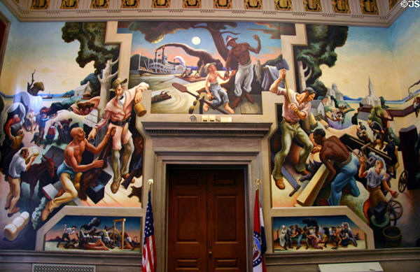 Pioneer Days & Early Settlers wall of Social History of Missouri mural (1935) by Thomas Hart Benton at Missouri State Capitol. Jefferson City, MO.