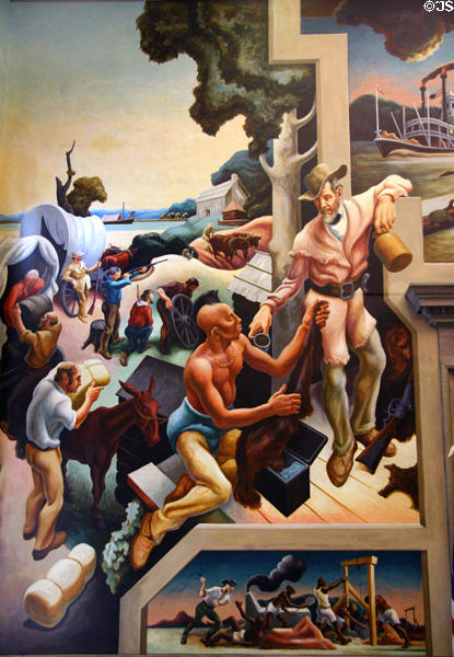 Detail of pioneer settlers & traders on Social History of Missouri mural (1935) by Thomas Hart Benton at Missouri State Capitol. Jefferson City, MO.