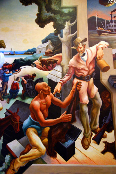 Detail of French trading with Osage Indians on Social History of Missouri mural (1935) by Thomas Hart Benton at Missouri State Capitol. Jefferson City, MO.