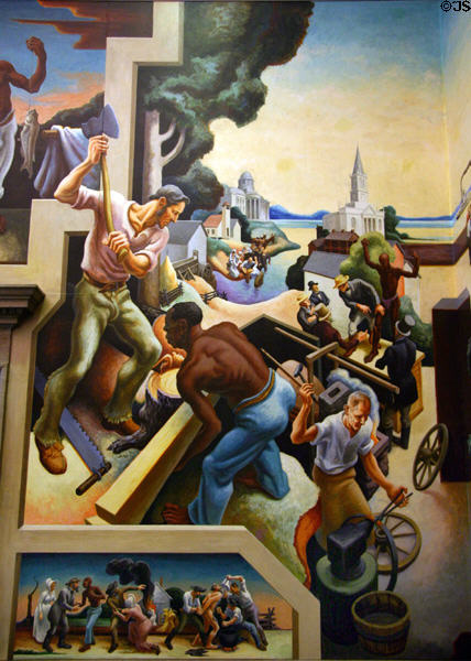 Detail of loggers, wheelwrights, slave auction, & early buildings on Social History of Missouri mural (1935) by Thomas Hart Benton at Missouri State Capitol. Jefferson City, MO.