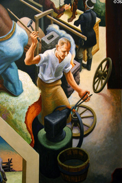 Detail of wheelwright making wagon wheels for westward migration on Social History of Missouri mural (1935) by Thomas Hart Benton at Missouri State Capitol. Jefferson City, MO.