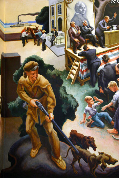 Detail of frontiersman hunting with dogs with politicians beyond on Social History of Missouri mural (1935) by Thomas Hart Benton at Missouri State Capitol. Jefferson City, MO.