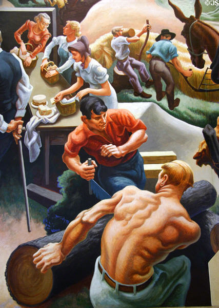Detail of sawing logs on Social History of Missouri mural (1935) by Thomas Hart Benton at Missouri State Capitol. Jefferson City, MO.