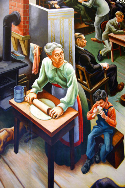 Detail of rolling pie dough on Social History of Missouri mural (1935) by Thomas Hart Benton at Missouri State Capitol. Jefferson City, MO.