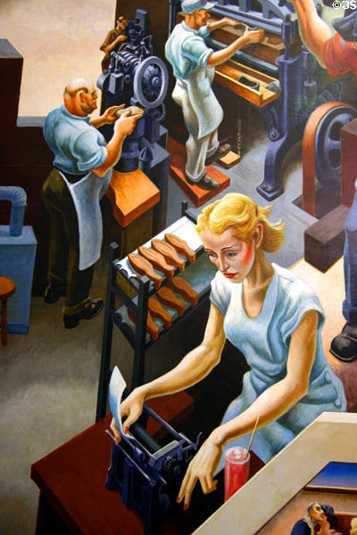 Detail of woman at typewriter on Social History of Missouri mural (1935) by Thomas Hart Benton at Missouri State Capitol. Jefferson City, MO.