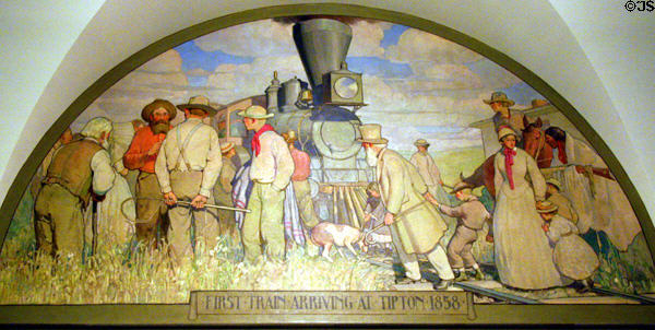 First Train Arriving at Tipton 1858 mural (1924) by W. Herbert Dunton at Missouri State Capitol. Jefferson City, MO.