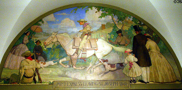 Pony Express Leaving St. Joseph 1861 mural (c1917-28) by W. Herbert Dunton at Missouri State Capitol. Jefferson City, MO.