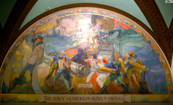 The Navy Guarded the Road to France mural (c1917-28) by Henry Reuterdahl at Missouri State Capitol. Jefferson City, MO.