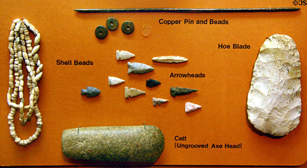 Indian temple mound builders arrowheads & tools (900-1500) in History Hall at Missouri State Capitol. Jefferson City, MO.
