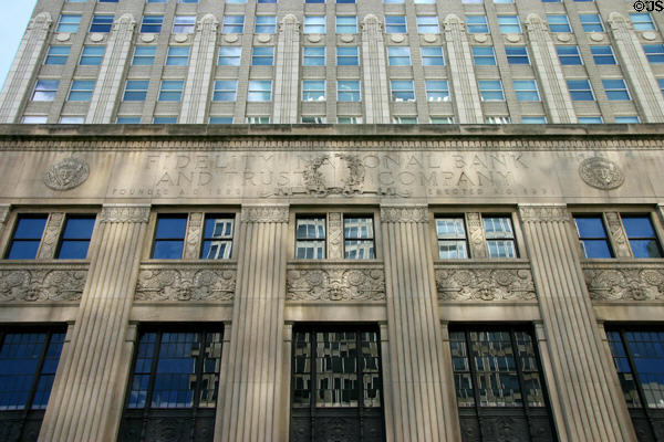 Art Deco facade of former Fidelity Bank & Trust (Old Federal Office, now 909 Walnut St.). Kansas City, MO.