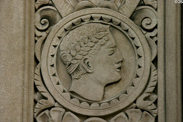 Art Deco relief of face on former Fidelity Bank & Trust (Old Federal Office, now 909 Walnut St.). Kansas City, MO.