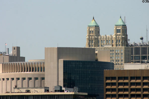 Fidelity Bank & Trust (Old Federal Office, now 909 Walnut St.) over round Whitaker Federal Courthouse. Kansas City, MO.