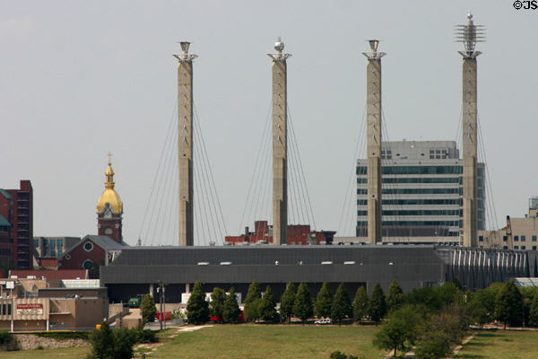 Pylons (1991) supporting Bartle Hall Convention Center over Interstate highway I-670 crowned with "Sky Stations" sculptures by R.M. Fisher. Kansas City, MO.