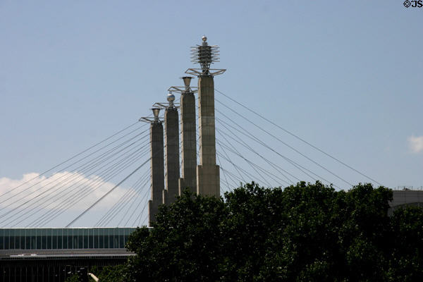 "Sky Stations" sculptures by R.M. Fisher atop supporting pylons of Bartle Hall Convention Center. Kansas City, MO.