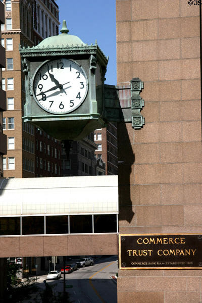 Corner clock on Commerce Bank & Trust Company. Kansas City, MO.