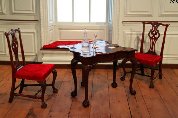 Mahogany card table (c1765-85) from New York with side chairs (c1755-85) from Boston or Salem at Nelson-Atkins Museum. Kansas City, MO.