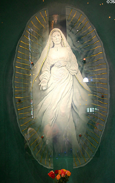 Etched glass Immaculate Conception image at Kansas City Cathedral. Kansas City, MO.