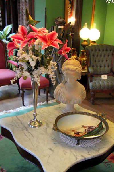 Flower arrangement, bust & bowl with George Caleb Bingham image at Vaile Mansion. Independence, MO.