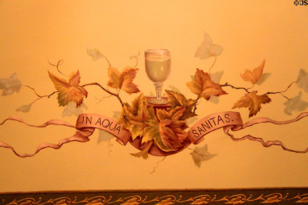 Dining room ceiling mural with In Aqua Sanitas at Vaile Mansion. Independence, MO.