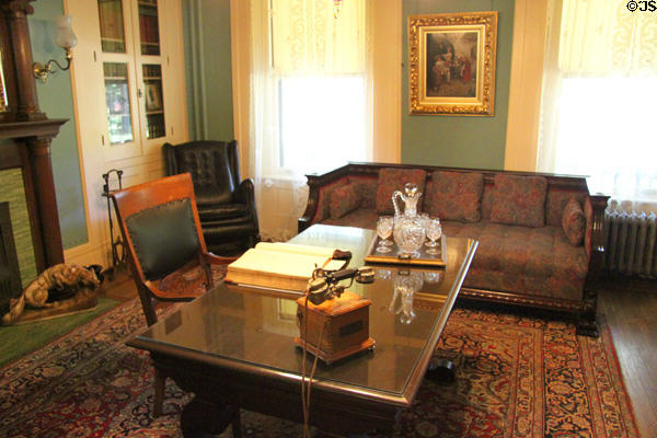 Table with antique telephone at Lewis-Bingham-Waggoner House. Independence, MO.