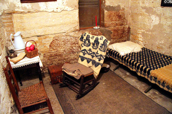 Frank James cell where outlaw spent six months (1882-3) waiting trial for train robbery & murder at 1859 Jail Museum. Independence, MO.
