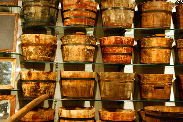 Wooden buckets (1855) found in wreck at Steamboat Arabia Museum. Kansas City, MO.
