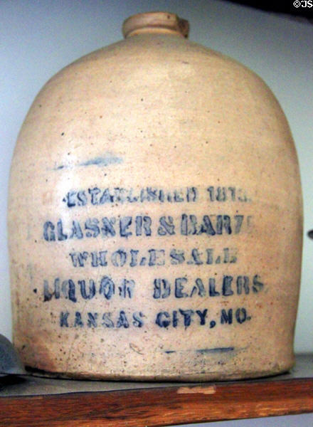 Stoneware liquor jug from Glasner & Barzen Of Kansas City (after 1873) at John Wornall House Museum. Kansas City, MO.