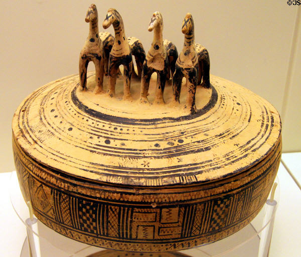 Late Geometric pottery horse pyxis (735-720 BCE) from Athens, Greece at University of Missouri Museum of Art & Archaeology. Columbia, MO.