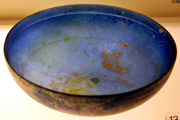 Shallow blue glass Greek or Roman bowl (c40 BCE - 50 CE) from Syria or Palestine at University of Missouri Museum of Art & Archaeology. Columbia, MO.