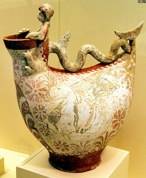 Pottery askos decorated with sea monster Skylla (late 4thC BCE) from Apulia, Southern Italy at University of Missouri Museum of Art & Archaeology. Columbia, MO.