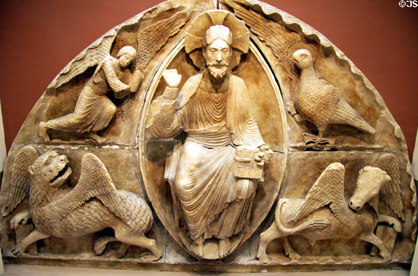 Carving of Christ surrounded by winged symbols of four Evangelists at University of Missouri Museum of Art & Archaeology. Columbia, MO.
