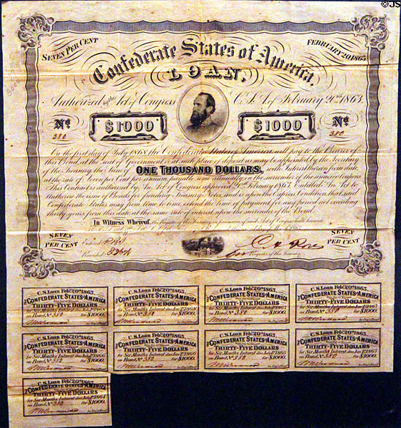 Missouri Civil War Confederate Bond (1863) at Boone County Historical Museum. Columbia, MO.