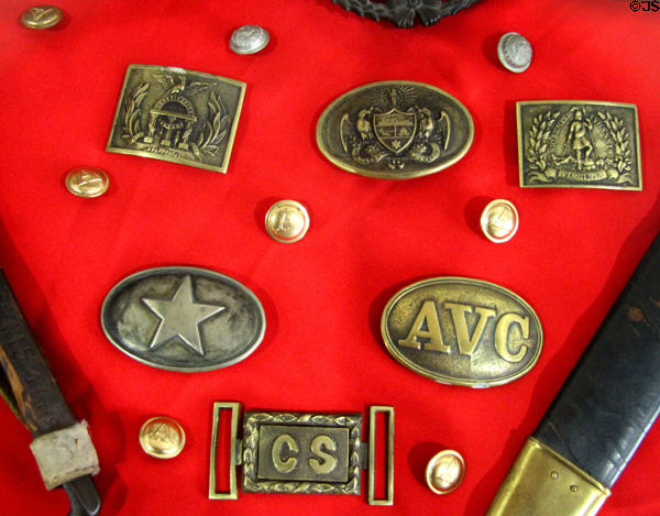 Confederate buttons & belt buckles in Jefferson Davis presidential library at Beauvoir. Biloxi, MS.