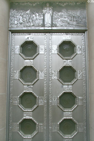 Cast aluminum doors with scenes from Battles of New Orleans 1815 & Vicksburg 1863 at War Memorial Building. Jackson, MS. Style: Art Deco.