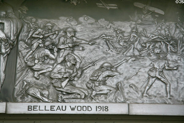 Cast aluminum scene from Battle of Belleau Woods 1918 at War Memorial Building. Jackson, MS. Style: Art Deco.