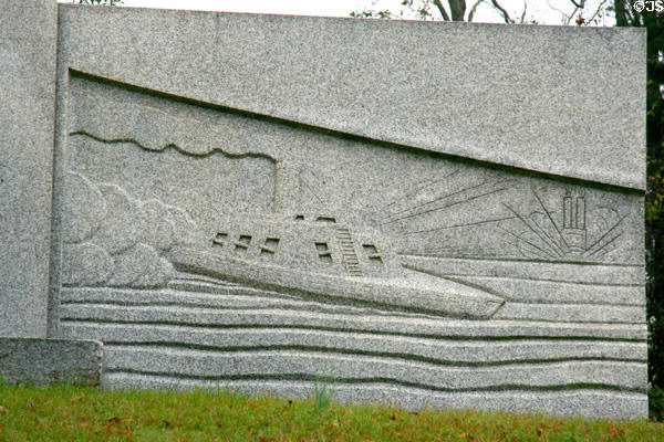 Ironclad steamship carved on Arkansas State Memorial. Vicksburg, MS.