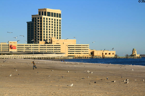 Beach in Biloxi with Beau Rivage Casino beyond. Biloxi, MS.