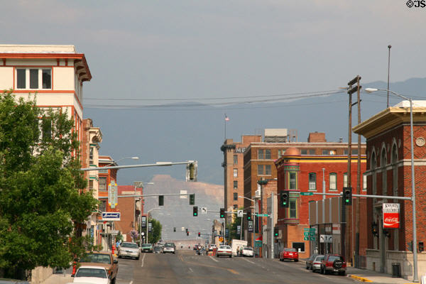 View along West Park Street to mountains with mines. Butte, MT.