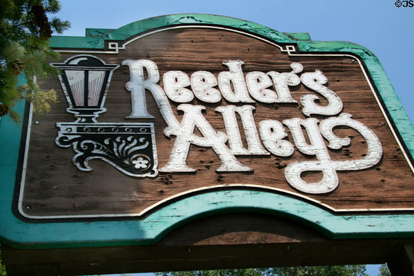 Sign of Reeder's Alley rehabilitated from small apartments & bunkhouses for single males to the small shopping arcade of today. Helena, MT.