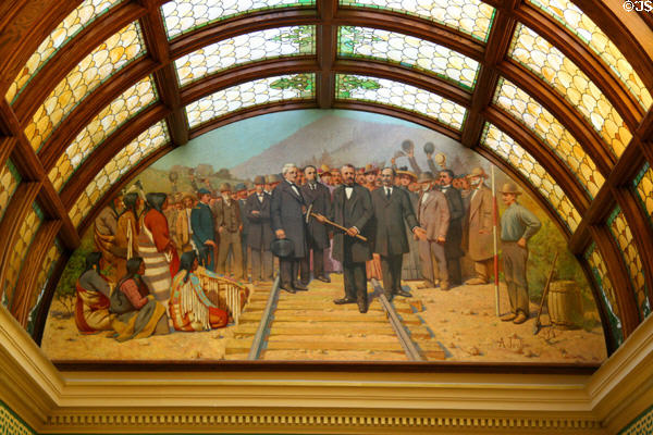 Driving the Golden Spike (1883) for Northern Pacific Railroad Transcontinental Line mural by Amédee Joullin at Montana State Capitol. Helena, MT.