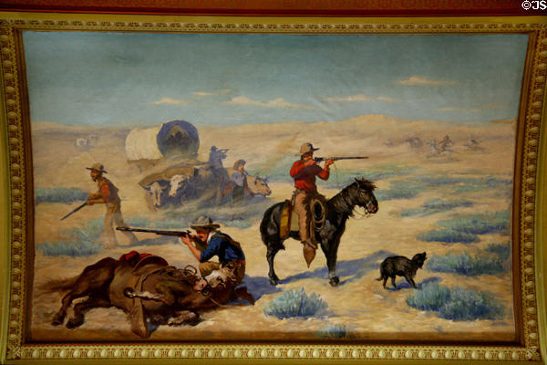Emigrant Train Being Attacked by Indians mural by F. Pedretti in Old State Supreme Court at Montana State Capitol. Helena, MT.