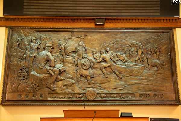 We Proceeded On bronze mural (2006) by Eugene Daub in Senate chamber of Montana State Capitol. Helena, MT.