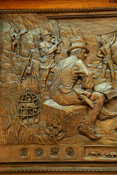 Detail showing Lewis & Clark on bronze mural in Senate chamber of Montana State Capitol. Helena, MT.