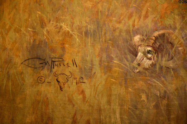Charles M. Russell's signature on painting of Lewis & Clark in House chamber of Montana State Capitol. Helena, MT.