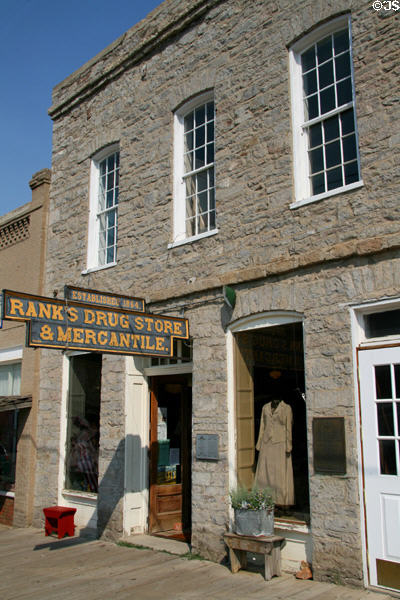 Rank's Drugstore (1865) in stone building built by Paris Pfouts & Samuel Russel. Virginia City, MT.