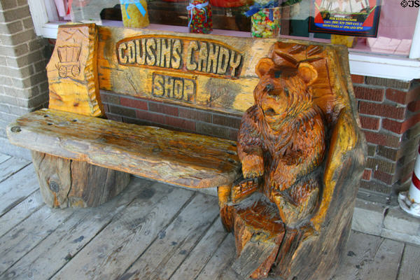 Bear bench at Cousins Candy Shop. Virginia City, MT.
