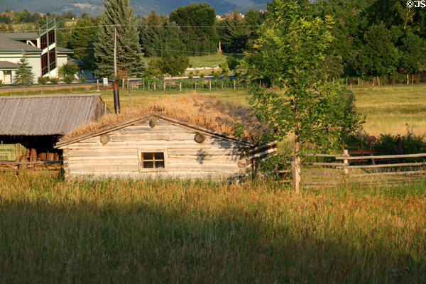 Log building with sod roof at Museum of the Rockies. Bozeman, MT.
