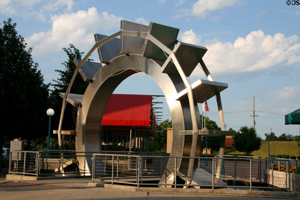 Paddlewheel sculpture (2000) by McFarlane Sheet Metal at park behind flood barrier. Grand Forks, ND.